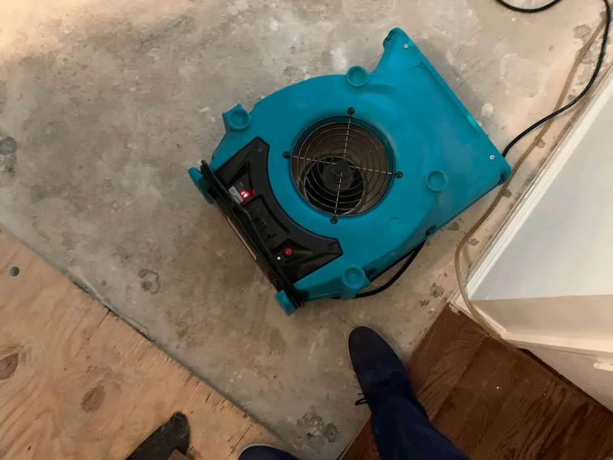 Air mover drying subfloor during Leak Detection & Repair in West Deptford